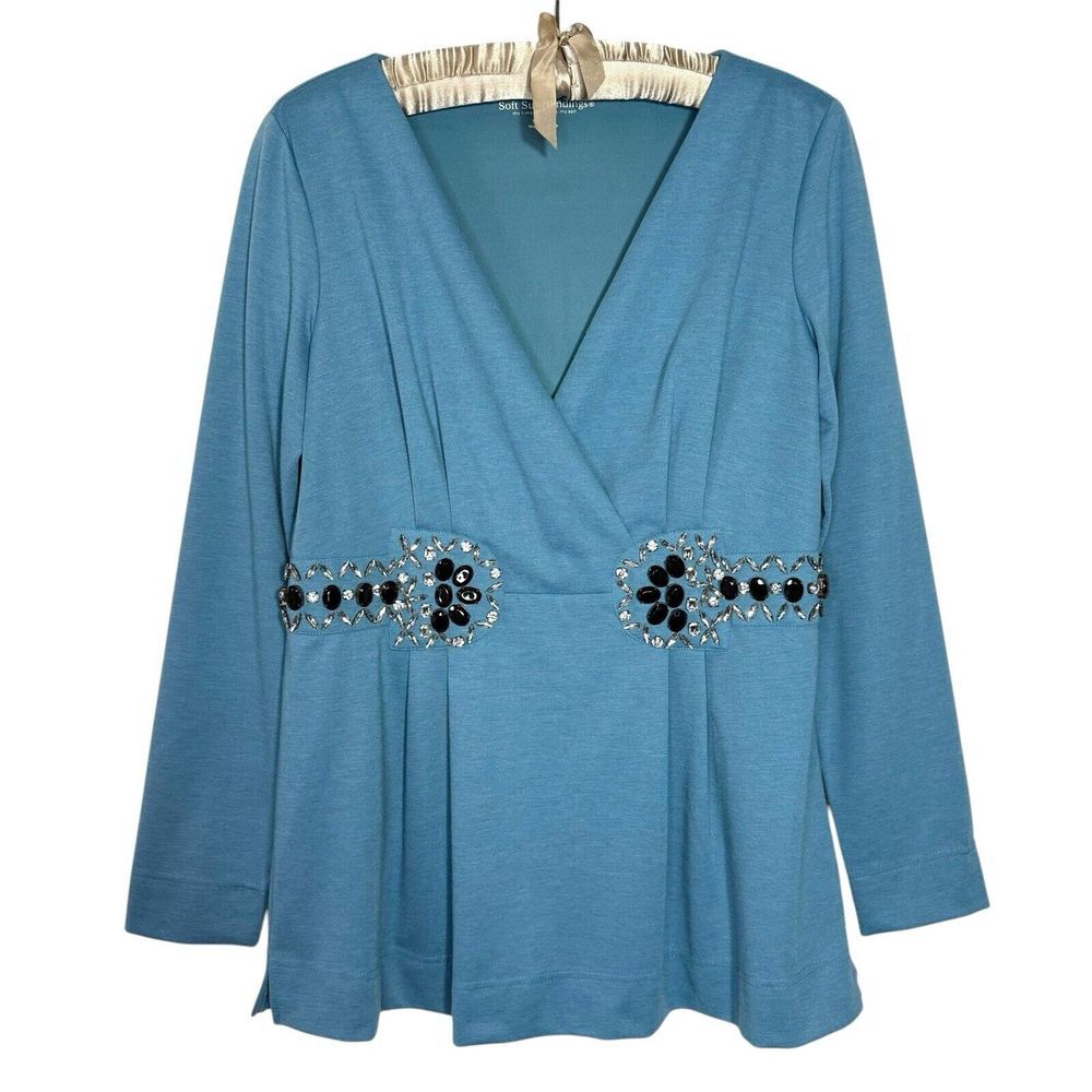 NWOT Soft Surroundings Shirt M Y2K Embellished Bling Jersey Knit Babydoll Blouse